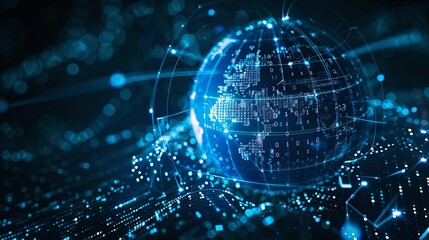 A bright digital globe set within a matrix of interconnected data points, symbolizing the intricacies and complexities of global networks and information exchange in the digital era.