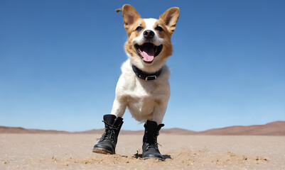 Funny dog wearing shoes playing on beach. Playful pet jumping. Animals