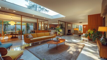 mid-century modern suburban house with a seamless blend of vintage and modern furniture, highlighted by natural light from skylights