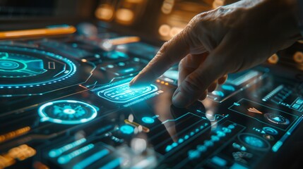 Naklejka premium A hand is interacting with a high-tech, futuristic touchscreen interface, displaying various digital elements, glowing in bright blue and orange lights, emphasizing technology’s progress.