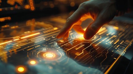 An outstretched hand interacts dynamically with a futuristic touchscreen interface displaying bright, glowing digital elements, illustrating the blend of technology and human interaction.
