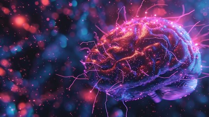 A stunning wallpaper featuring a 3D digital brain with neon lights, representing abstract concepts; a best-seller background with a futuristic vibe