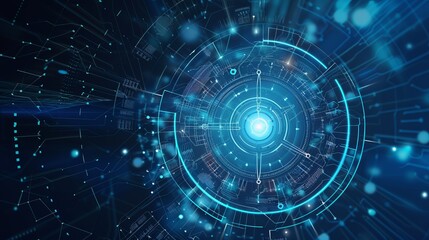 A vibrant, glowing futuristic interface featuring a complex circular graphic with layers of data and light, representing cutting-edge technology and cybernetic integration.