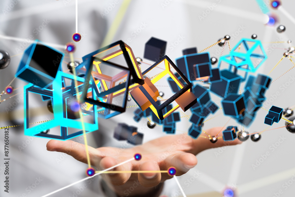Poster Neural network 3D illustration. Big data and cybersecurity