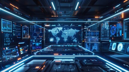 A sophisticated control room filled with digital screens showing various data, maps, and information, creating an immersive and professional environment.