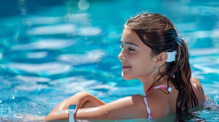 A woman relaxing in a swimming pool, wearing a smartwatch and a colorful bikini. The bright water and sunlit atmosphere highlight the leisurely and modern lifestyle.