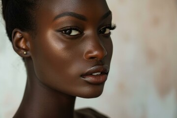 Studio portrait of a young woman with dark skin and her hair pulled back