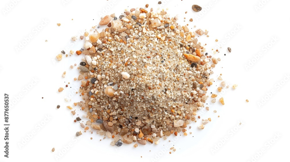Poster A close-up view of a small pile of sand sitting on a white surface, perfect for use in designs and compositions where a natural element is needed