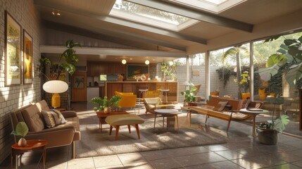 mid-century modern suburban house with a seamless blend of vintage and modern furniture, highlighted by natural light from skylights