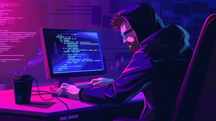 A programmer, dressed in a hooded jacket and sunglasses, writing code in a cyberpunk-styled room, indicating the intersection of technology and futuristic themes.