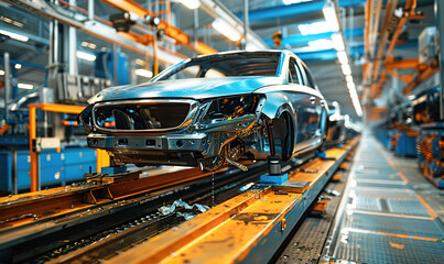 Close-up of a car on a conveyor belt in a car factory. modern car industry concept.
