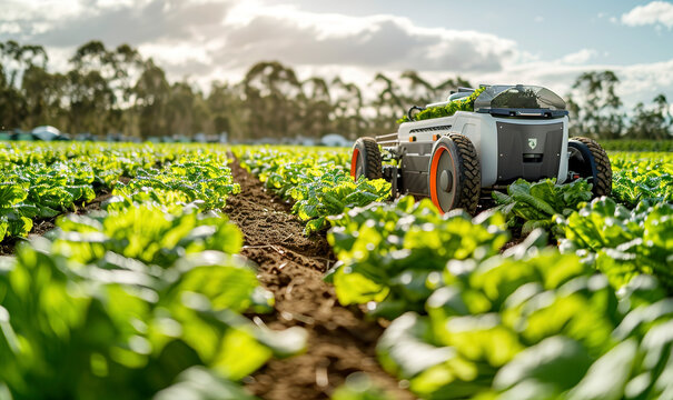 Artificial intelligence farmer robot tending plants in a green field