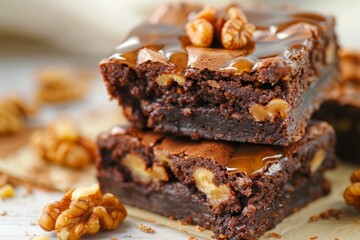 Stack of appetizing chocolate brownies with walnuts covered with caramel sauce