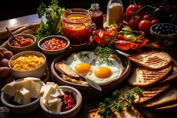 Brunch spread with a variet of dishes pastries. Village Breakfast with pastries, vegetables, greens, spreads, cheeses, fried eggs, jams