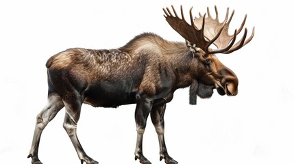 Fototapeta premium A detailed profile view of a majestic moose standing against a plain white background, showcasing the animal's strong and powerful physique in a simplistic manner.