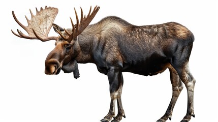 Obraz premium An illustrative depiction of a moose on a simple white background, highlighting the animal's strength and grace, capturing the viewer's attention with minimalist detailing.