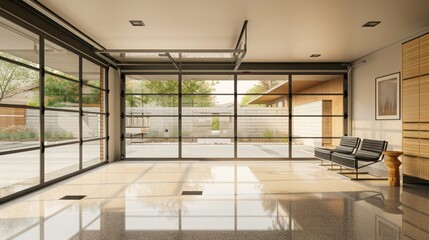 minimalist garage in a suburban mid-century modern home, featuring transparent garage doors and a clean design