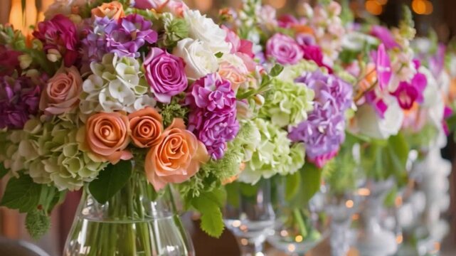 A table is adorned with multiple vibrant flower arrangements in clear vases, featuring a variety of blooms like roses, hydrangeas, and orchids.