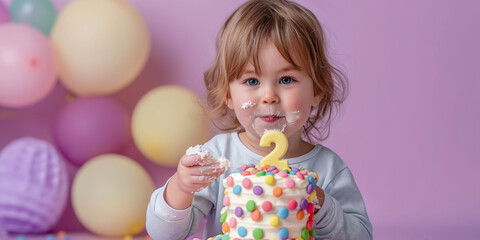 Adorable toddler with birthday cake with number two and colorful balloons celebrating second birthday at party Birthday celebration concept