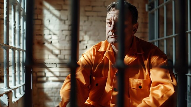 An imprisoned man, dressed in a vibrant orange jumpsuit, sits behind the bars of his cell, bathed in bright light, evoking themes of confinement and perseverance.