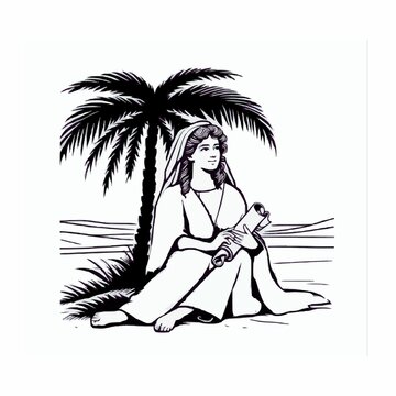 Deborah sitting under a simple palm tree with a scroll in her hand.
