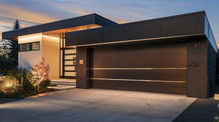 sleek, modern garage door on a suburban contemporary home with hidden lighting