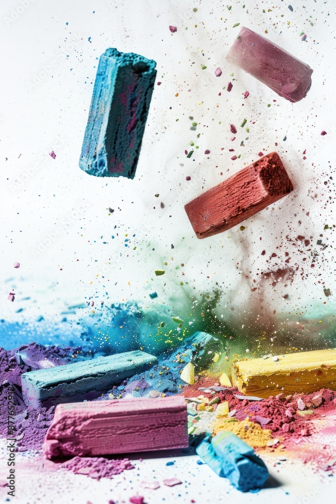 Poster a colorful scene of crayons falling from the air, great for representing creativity and imagination