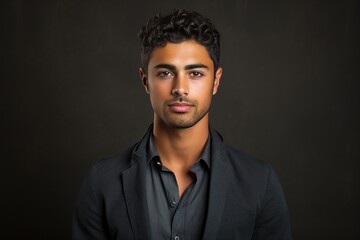 Obraz premium A man in a black suit and shirt is standing in front of a dark background