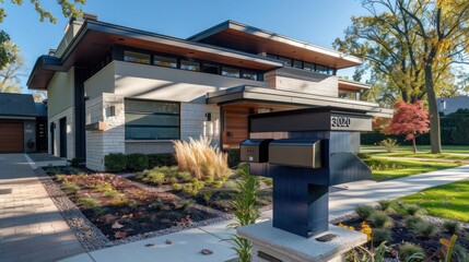 suburban contemporary home with a custom, ultra-modern mailbox that reflects the architectural style of the house