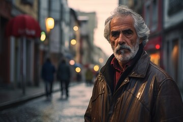 Obraz premium A man in a leather jacket stands on a city street