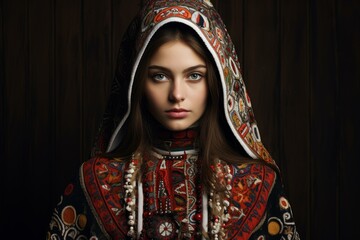 Portrait of a young woman adorned in intricate ethnic clothing, her gaze alluring and intense