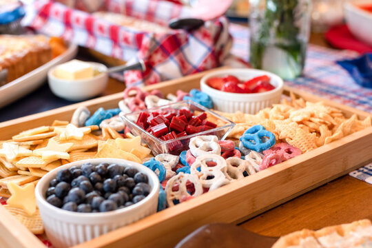 Kid friendly snacks on a party tray for Fourth of July