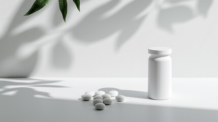 Minimalistic close-up of a white pill bottle with white tablets scattered on a light surface Leaf shadows create an interesting pattern on the background adding a touch of nature to the clean scene