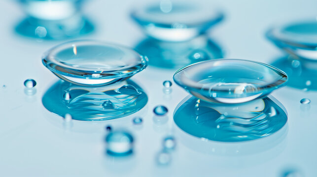 Minimalistic close-up shot of several contact lenses resting on a light blue surface Water droplets are scattered around the lenses, highlighting their clarity and design