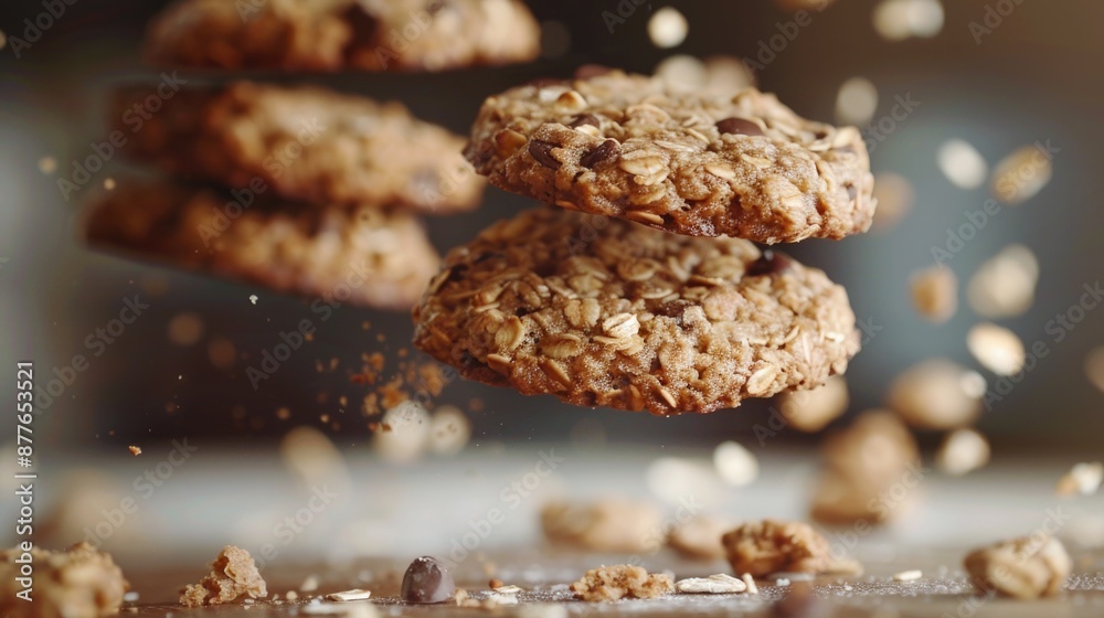 Poster a close-up shot of a pile of cookies on a table, perfect for food and baking related content