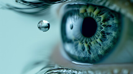 An extreme close-up shot of an eye with a drop of eye drops suspended in the air just before contact. The detailed view highlights the vibrant iris and the precision of the drop.