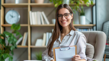 A smiling young female psychologist holds a clipboard while sitting in a modern office with bookshelves and greenery in the background. The setting is bright and welcoming, ideal for therapy sessions.