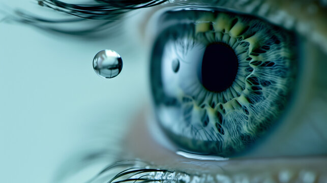 An extreme close-up shot of an eye with a drop of eye drops suspended in the air just before contact. The detailed view highlights the vibrant iris and the precision of the drop.