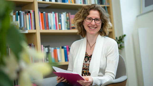 A smiling psychologist sits in her office, holding a clipboard. The background features a bookshelf filled with books, creating a welcoming and professional environment ideal for counseling sessions.