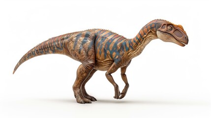 Naklejka premium A detailed, realistic illustration of a bipedal dinosaur standing with vibrant colors and texture, depicting movement and the prehistoric era's natural beauty and ferocity.