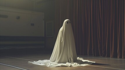 A ghostly figure covered in a white sheet stands alone in a dark and empty theater with heavy curtains, casting an ambiance of isolation and paranormal eeriness