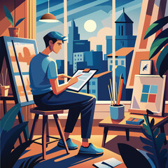 a-flat-illustration-of-an-artist-sketching-in-a-notebook