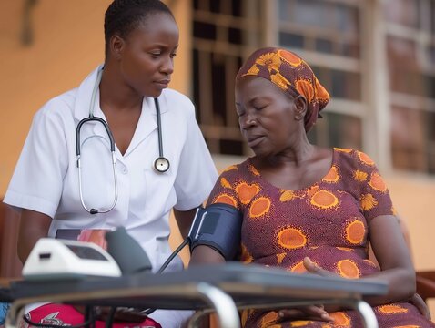 African Female doctor measuring blood pressure of woman