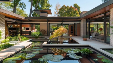 suburban mid-century modern home with an open-air atrium in the center, creating a natural focal point and ventilation system