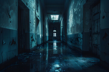 a hall in a mental asylum on a dark night