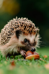 Fototapeta premium Vertical portrait of a hedgehog catching a snail for lunch, concept about wild animals in the forest