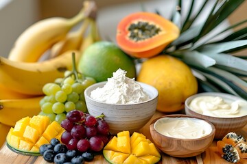 A collection of organic body butters with a tropical fruit arrangement