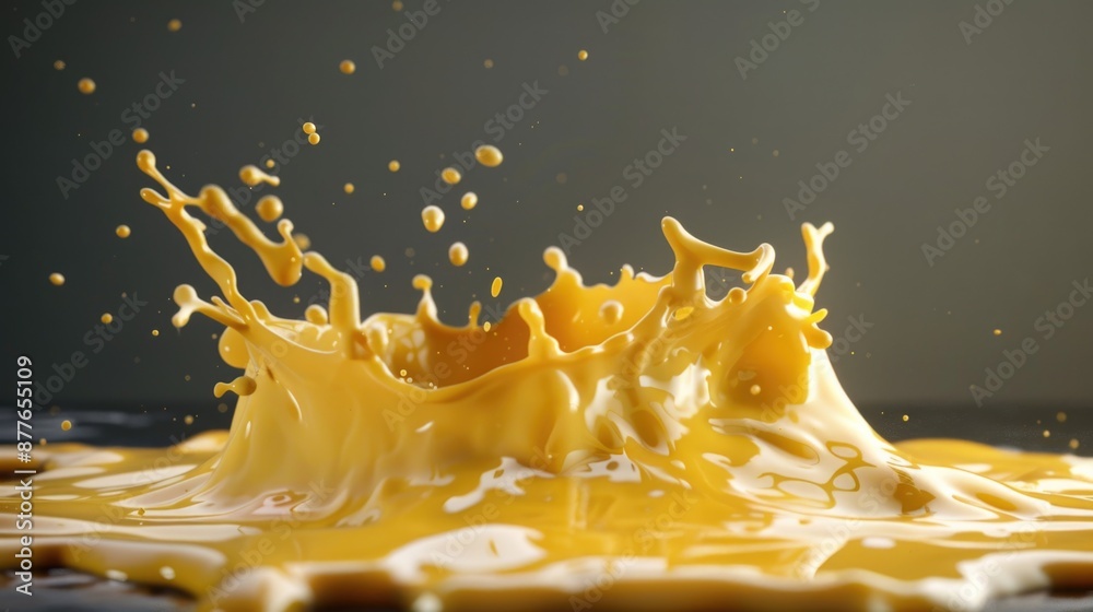 Poster A close-up shot of a yellow substance splashed on a black surface, suitable for use in designs and graphics