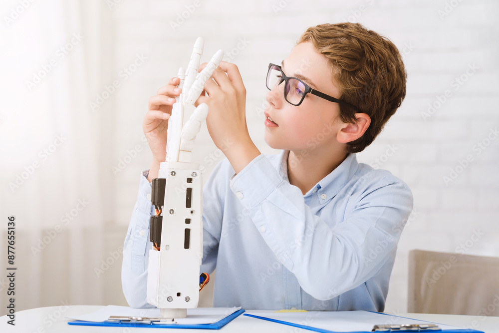 Poster a young boy wearing glasses is sitting at a table in a classroom setting, intently examining a robot
