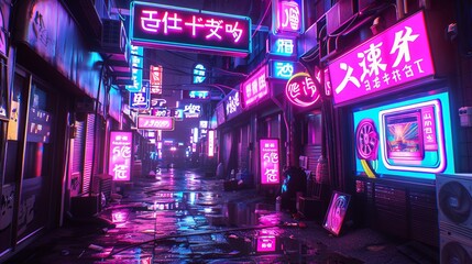 An alleyway adorned with vivid neon signs, with the wet pavement reflecting their brilliant colors, creating a lively and immersive scene that embodies urban nightlife and excitement.